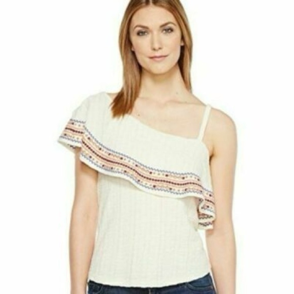 Lucky Brand One-Shoulder Ruffle Top - Cream embroidered Trim Size medium